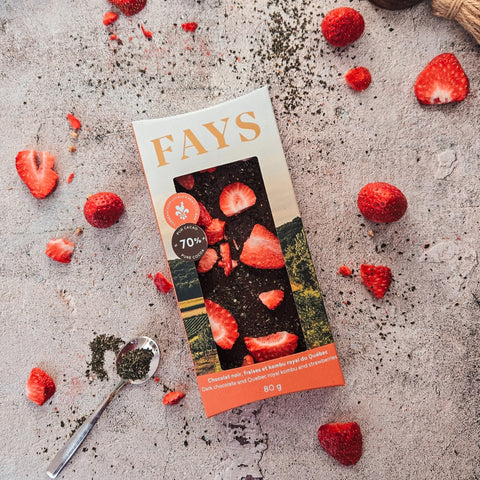 Tablette de Chocolat noir, fraises et kombu royal du Québec
